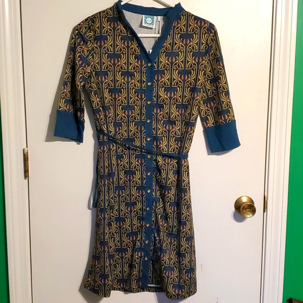 New Vera fishbaugh women's S green and blue full button-down 3/4 sleeve …